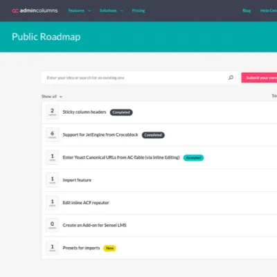 screenshot of Admin Columns roadmap