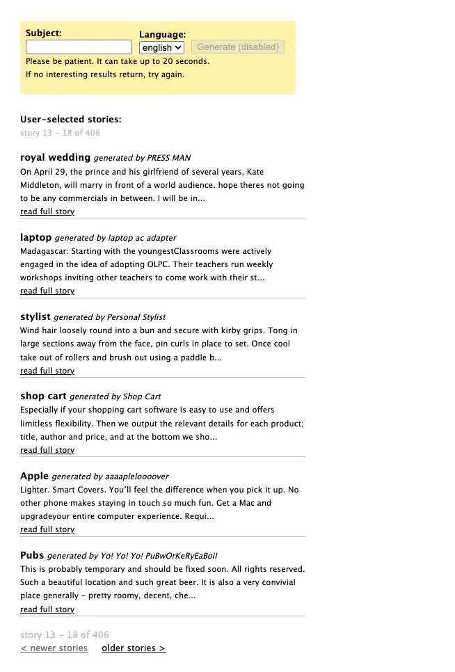 Story generator screenshot
